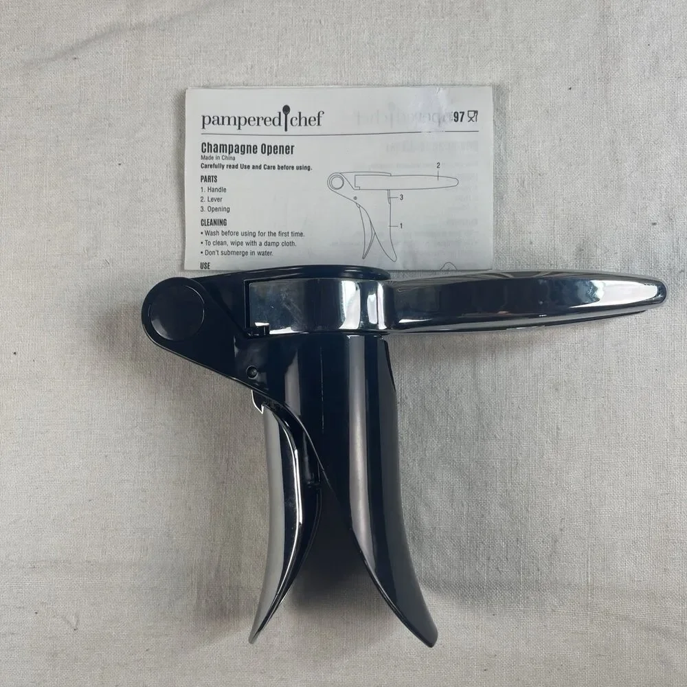 Pampered Chef CHAMPAGNE Wine Bottle Opener #1597 Black & Silver New Open Box